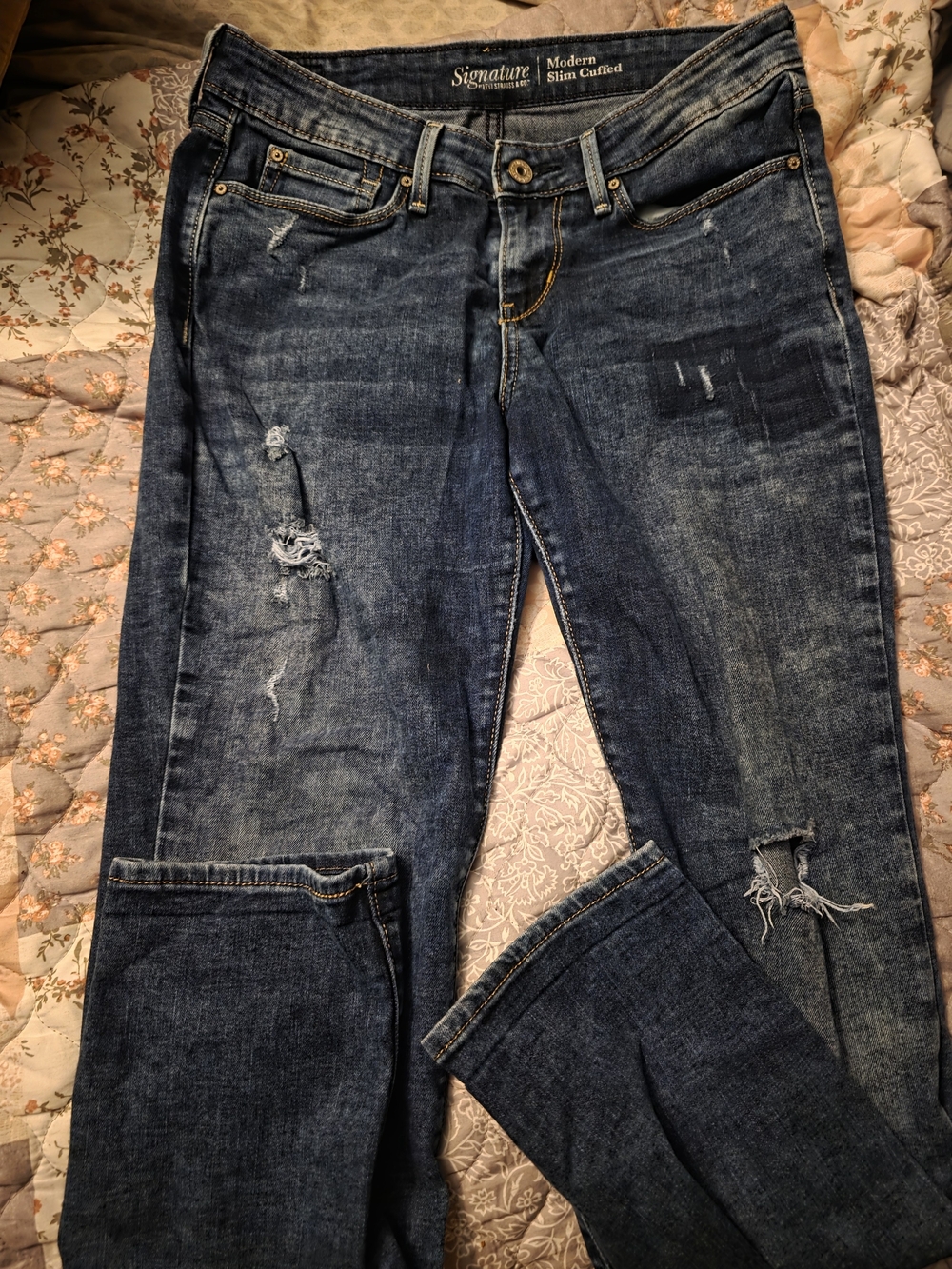 Signature Medium Blue Distressed Modern Slim Cuffed Women’s Jeans